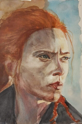 portret Scarlett Johansson, Black Widow, aquarel