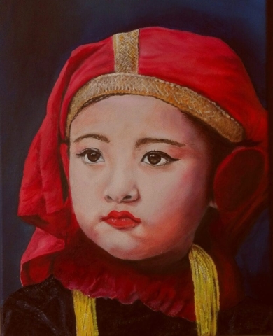 Portret Nepalees meisje in klederdracht olieverf