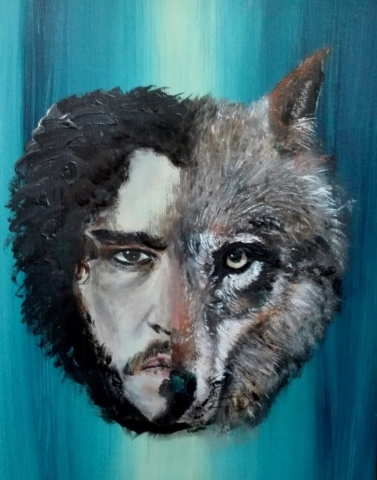 Portret John Snow_wolf, Game of thrones acryl (s)