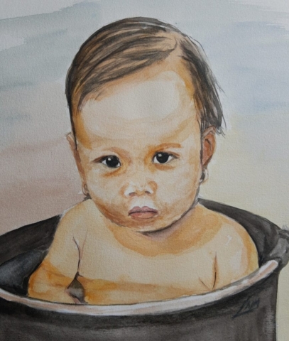 portret meisje in emmer, aquarel