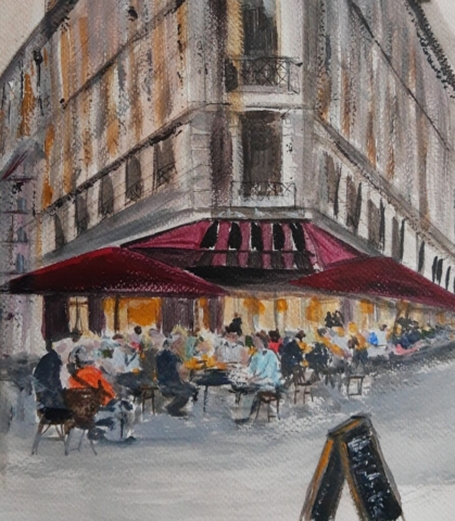 stadgezicht, terras, acrylschilderij